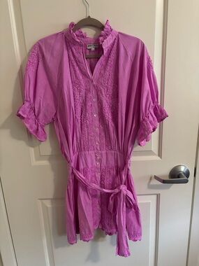 Juliet Dunn Blouson Mini Dress Pink Fuchsia, Cotton Poplin, Size 0, US 6/8